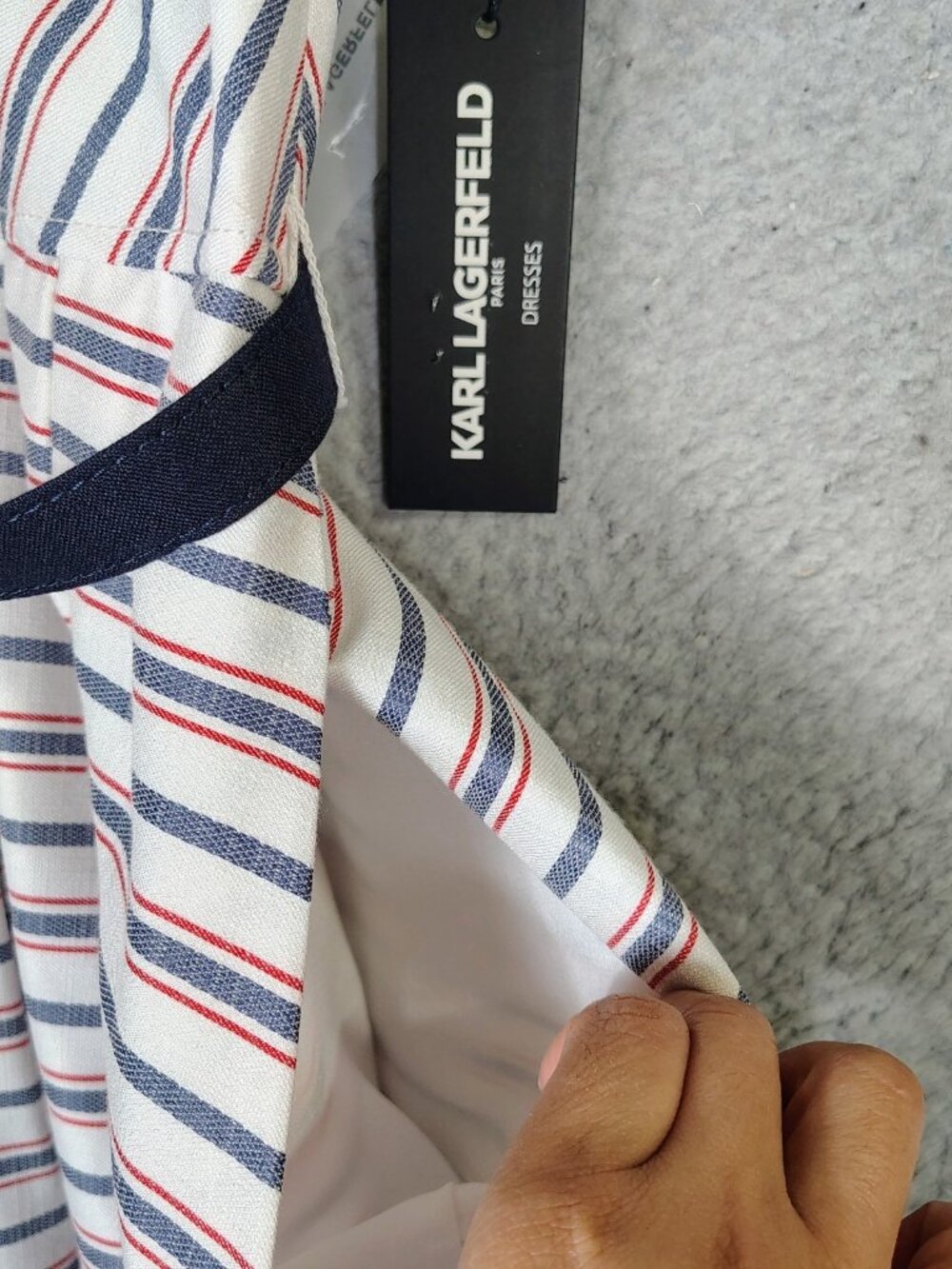 Karl Lagerfeld Dress Women's 6 White Blue Striped A-Line Belted 4th of July NWT - Picture 8 of 10